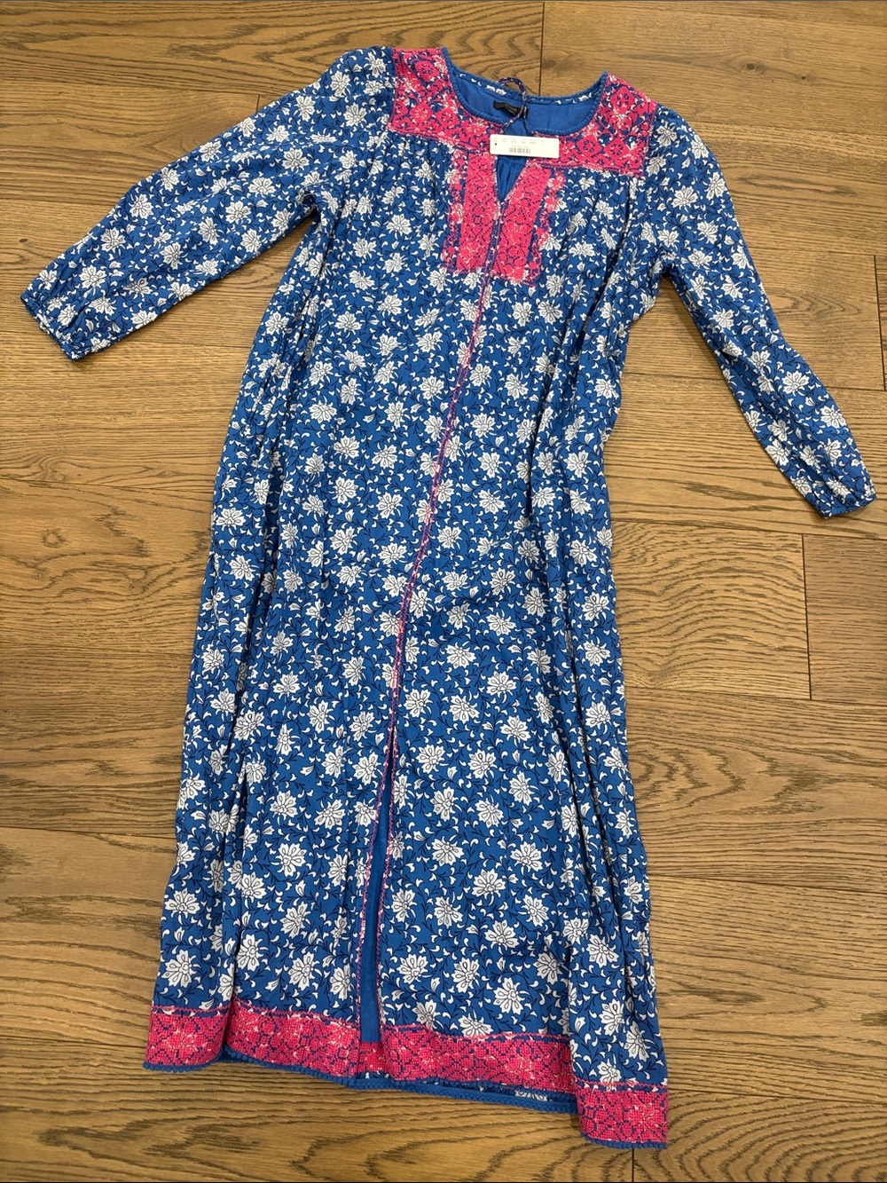 Woman’s Blue Floral Maxi Dress with Pink Trim